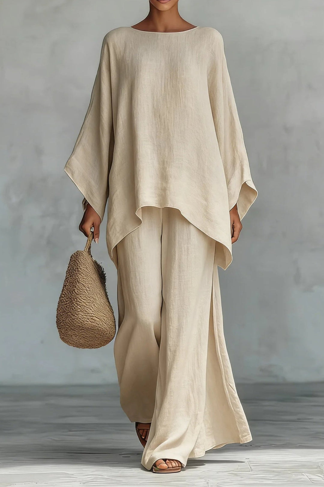 Kvinders Oversized Linned Batwing-Top Wide-Leg Bukser Sæt - Khaki