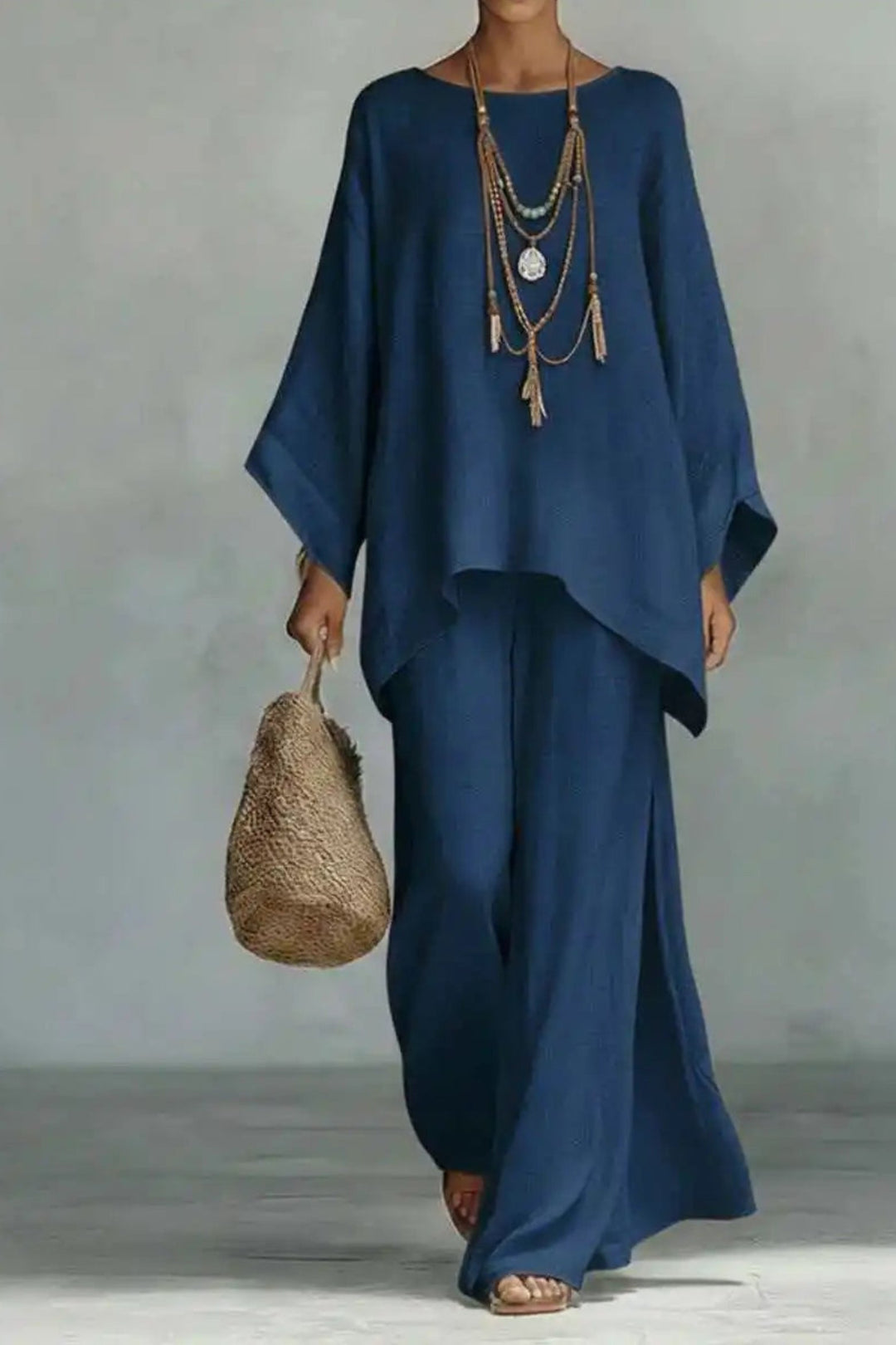 Kvinders Oversized Linned Batwing-Top Wide-Leg Bukser Sæt - Navy