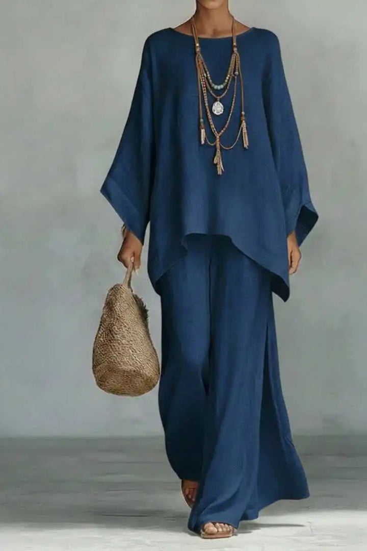 Kvinders Oversized Linned Batwing-Top Wide-Leg Bukser Sæt - Navy
