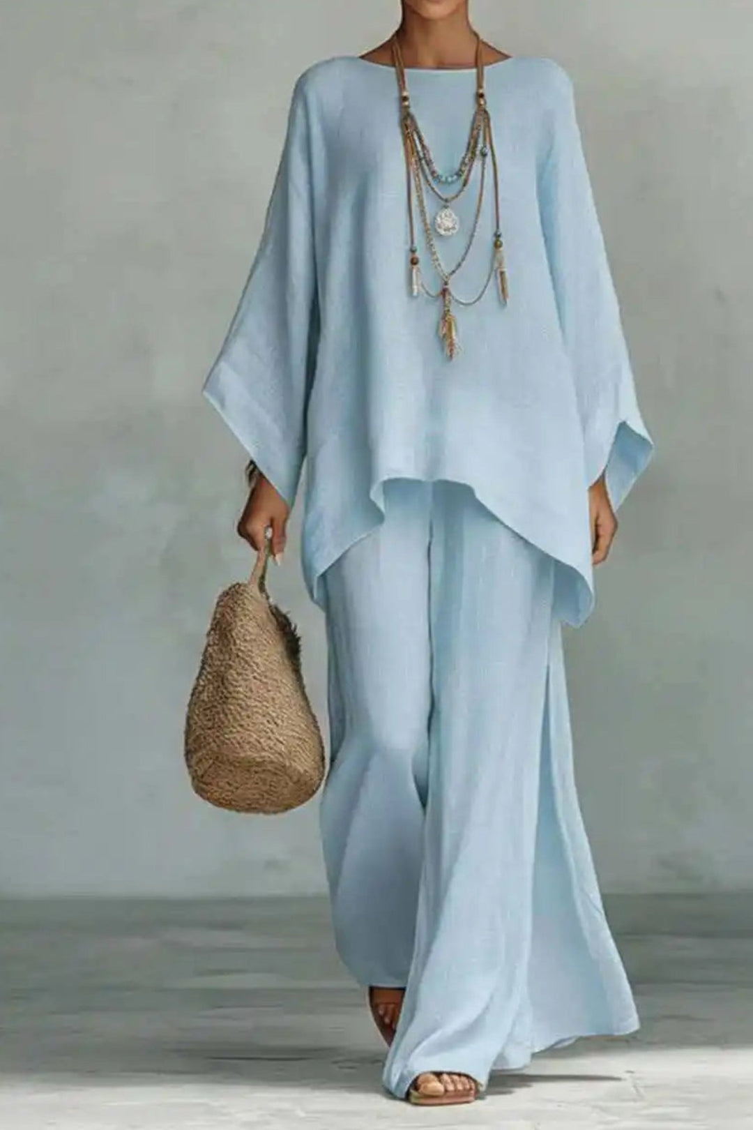 Kvinders Oversized Linned Batwing-Top Wide-Leg Bukser Sæt - Light Blue