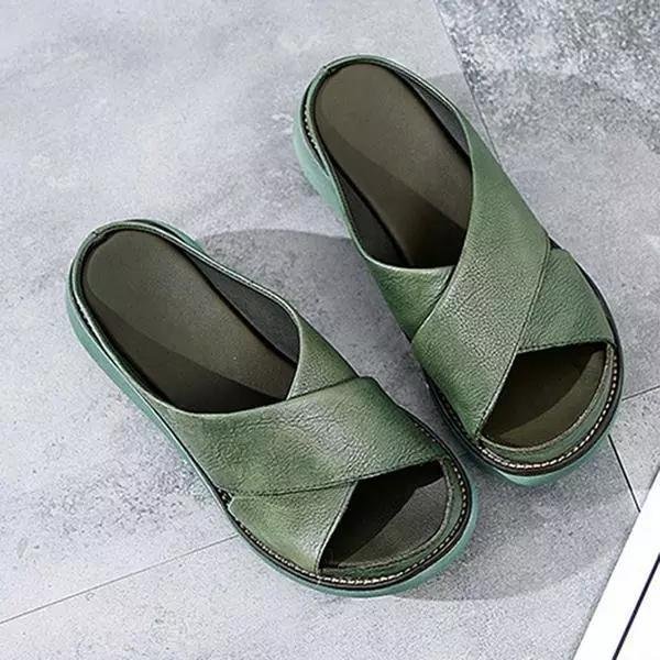 Kvinders Polstrede Krydsrem Flade Sandaler - Green