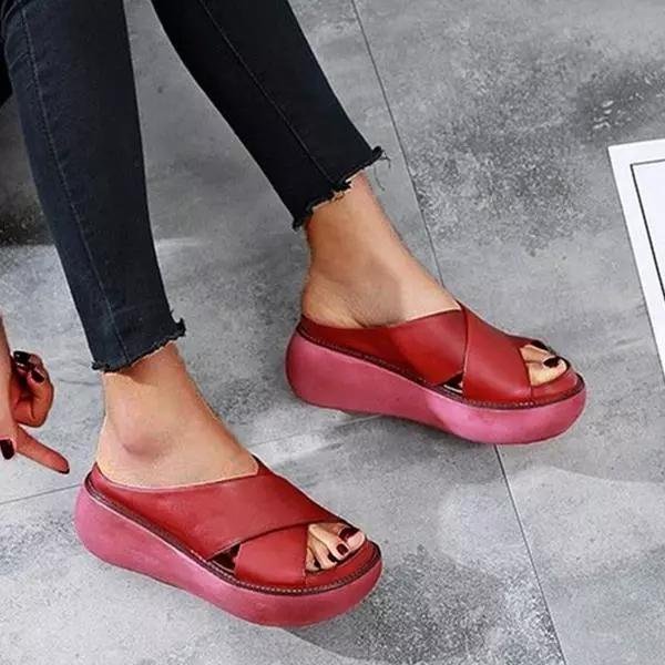 Kvinders Polstrede Krydsrem Flade Sandaler - Red