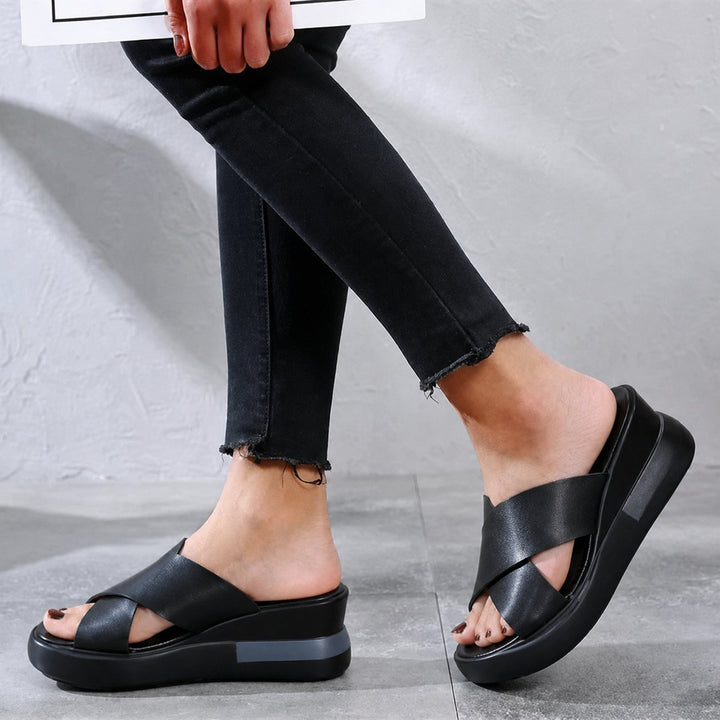 Kvinders Polstrede Krydsrem Flade Sandaler - Black