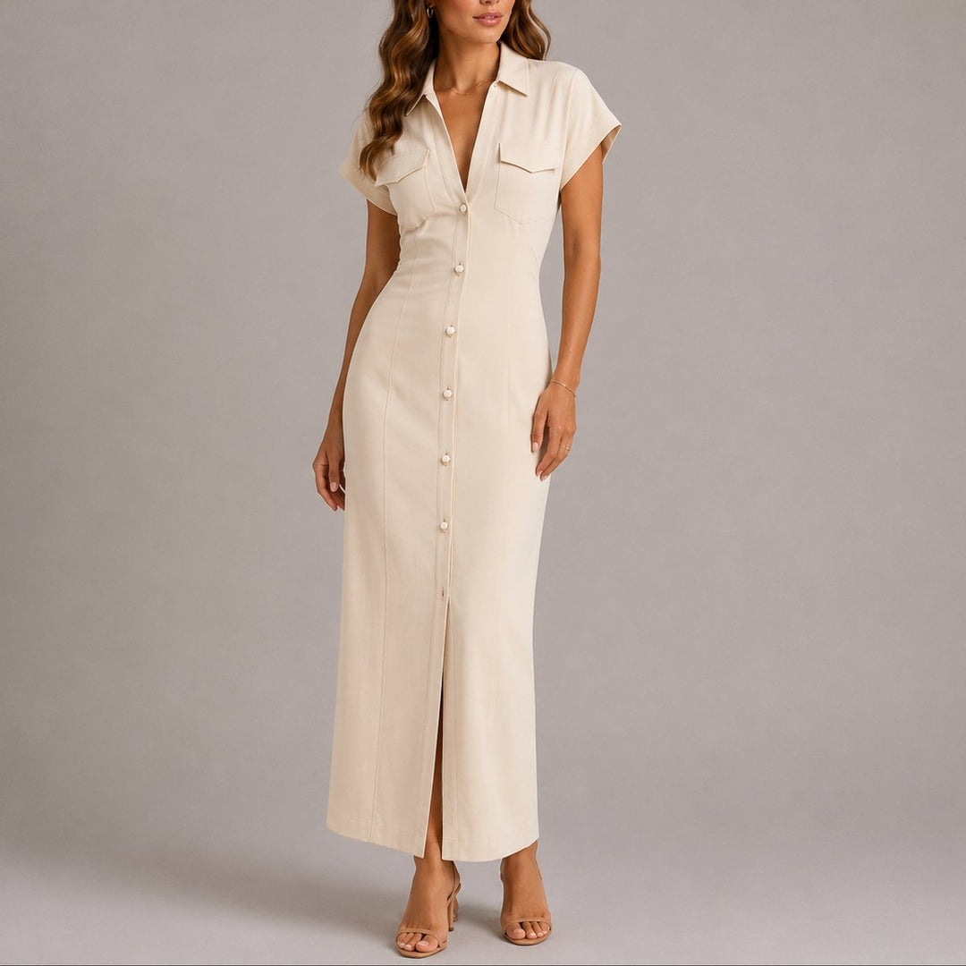Kvinders Tailored Maxi Skjortekjole til Efterårsbrudegæster - Beige
