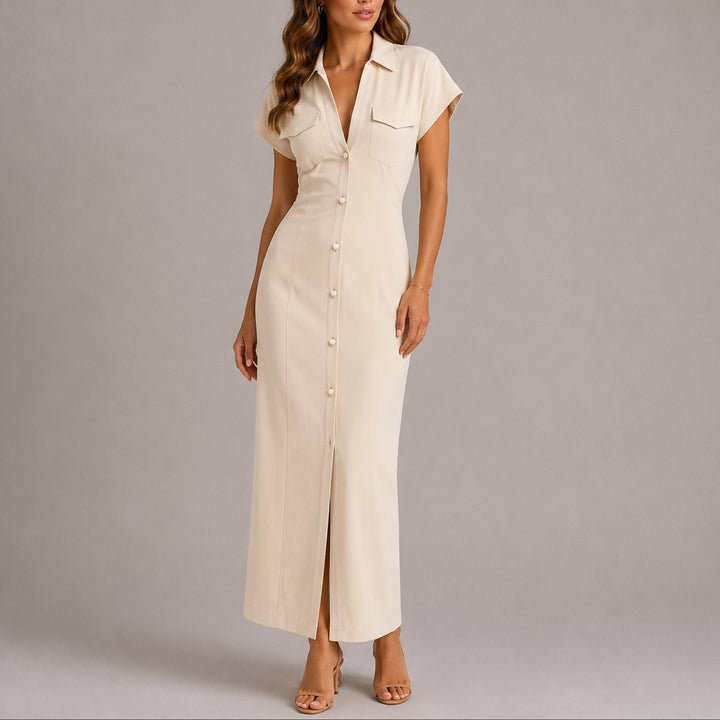 Kvinders Tailored Maxi Skjortekjole til Efterårsbrudegæster - Beige