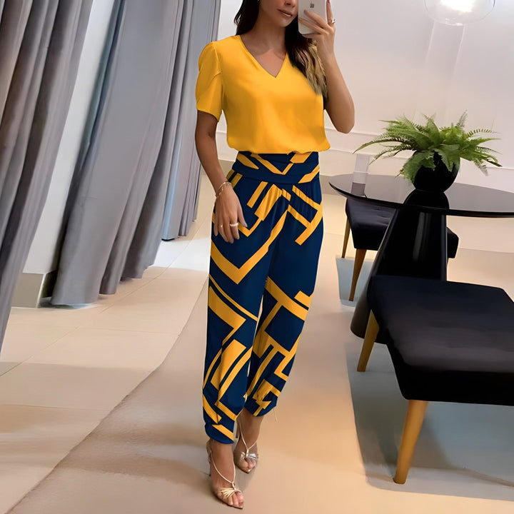 Kvinders V-hals Two-piece Set Kortermet Top Grafiske Bukser - Yellow