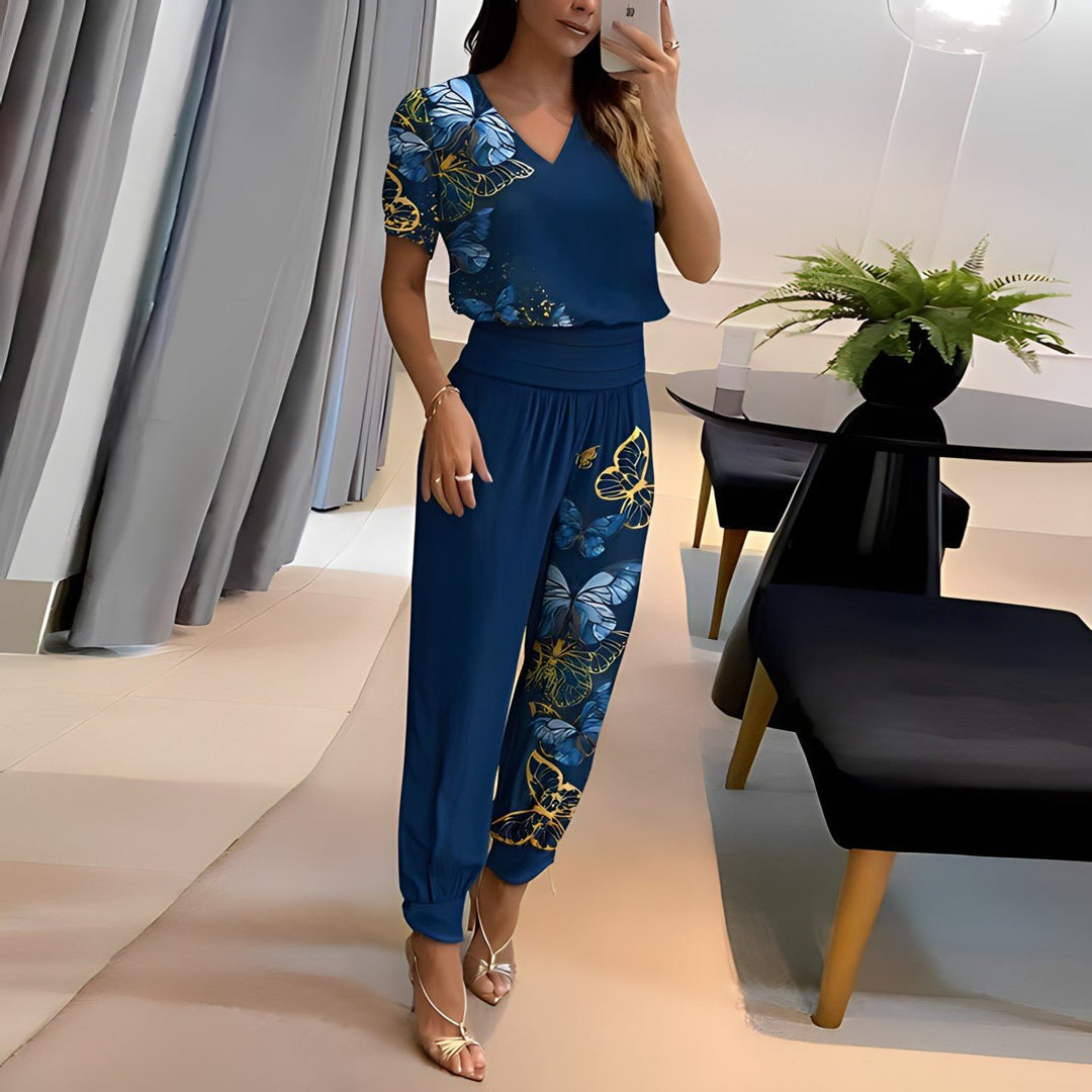 Kvinders V-hals Two-piece Set Kortermet Top Grafiske Bukser - Blue