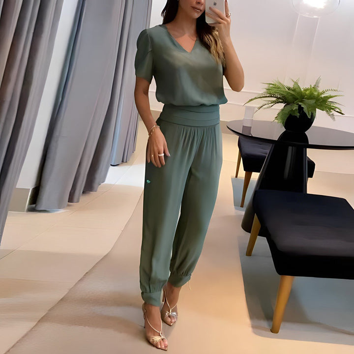 Kvinders V-hals Two-piece Set Kortermet Top Grafiske Bukser - Olive Green
