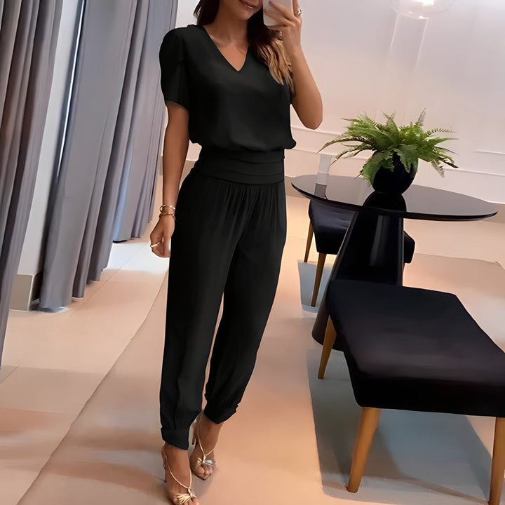 Kvinders V-hals Two-piece Set Kortermet Top Grafiske Bukser - Black