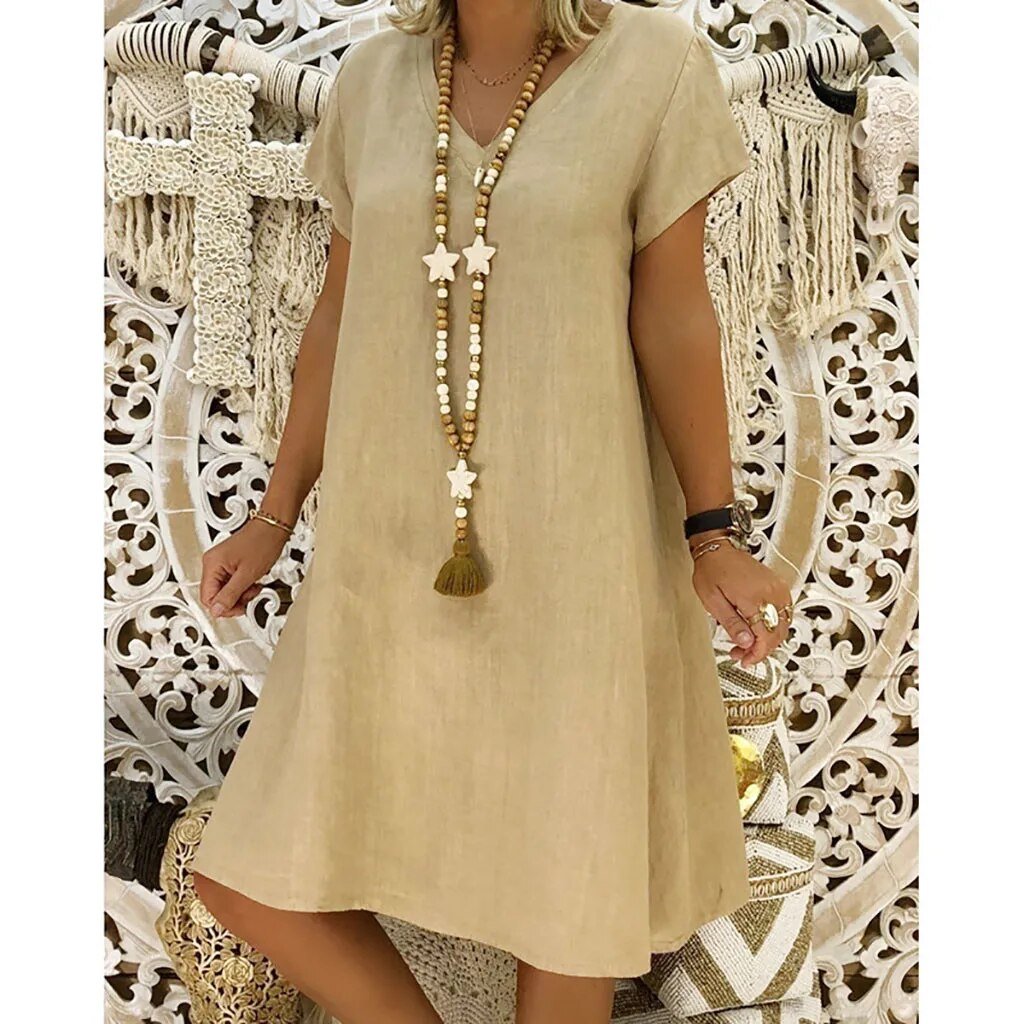 Linen A-line Mini Kjole V-hals Korte Ærmer Sommer - Khaki