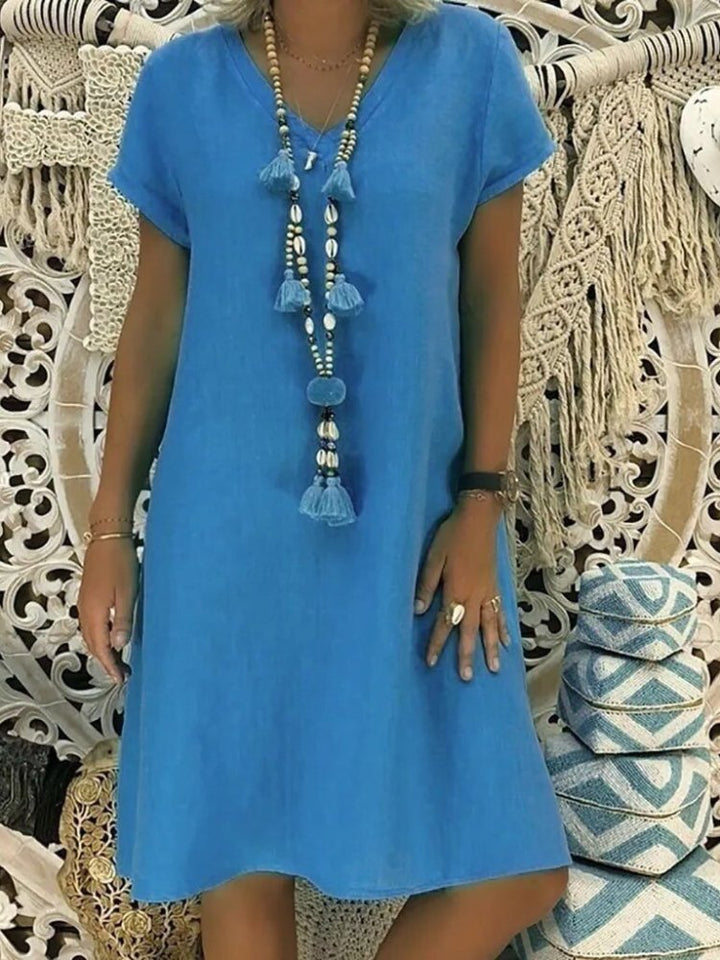 Linen A-line Mini Kjole V-hals Korte Ærmer Sommer - Blau