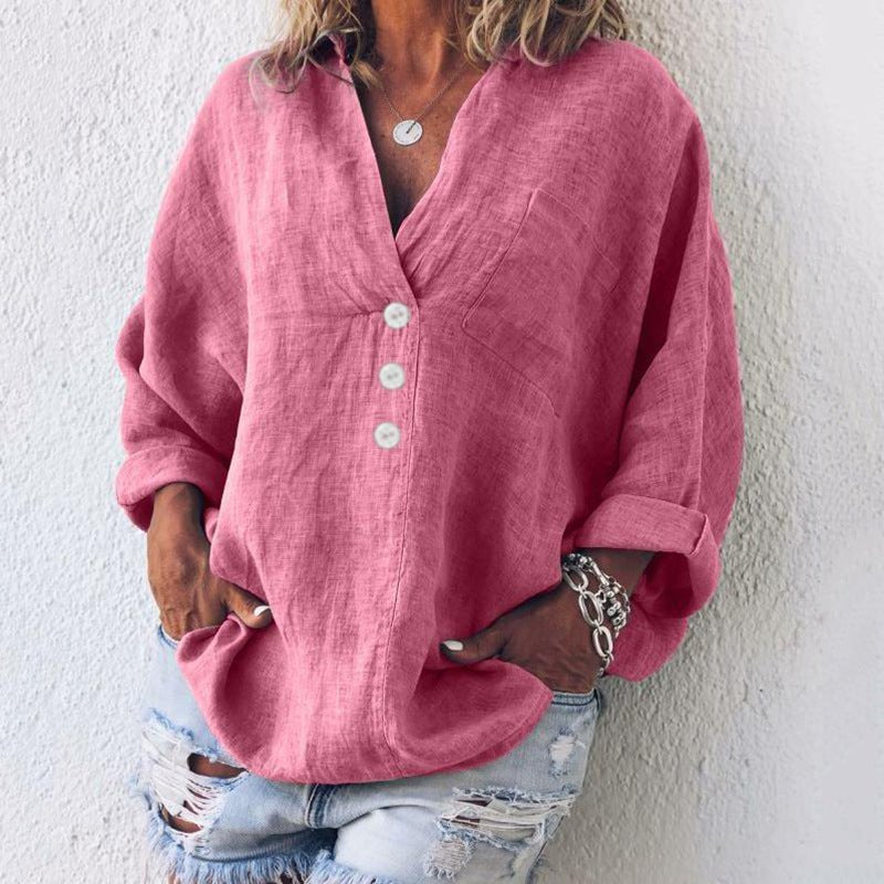 Linen Bluse Dame V-hals Oversize Løs Pasform - Pink