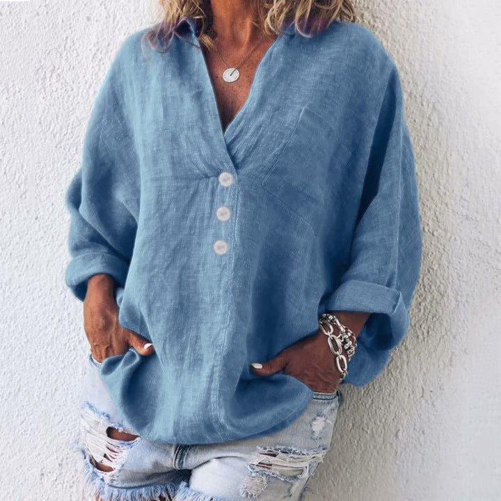Linen Bluse Dame V-hals Oversize Løs Pasform - Blue