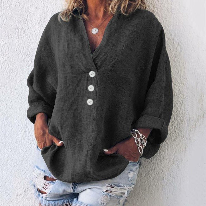 Linen Bluse Dame V-hals Oversize Løs Pasform - Black
