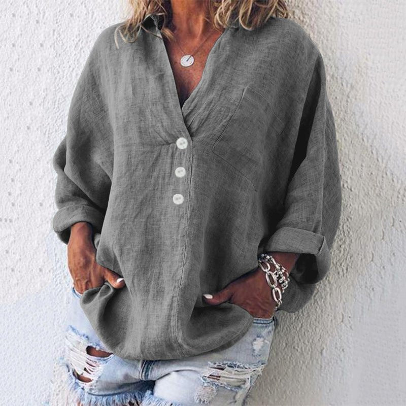 Linen Bluse Dame V-hals Oversize Løs Pasform - Gray