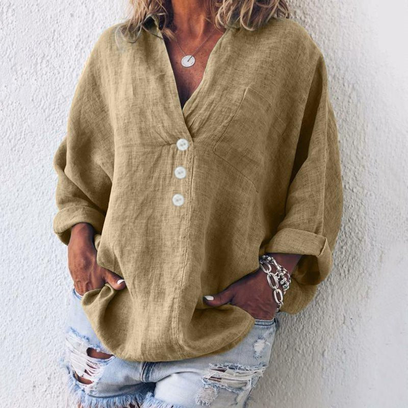 Linen Bluse Dame V-hals Oversize Løs Pasform - Khaki