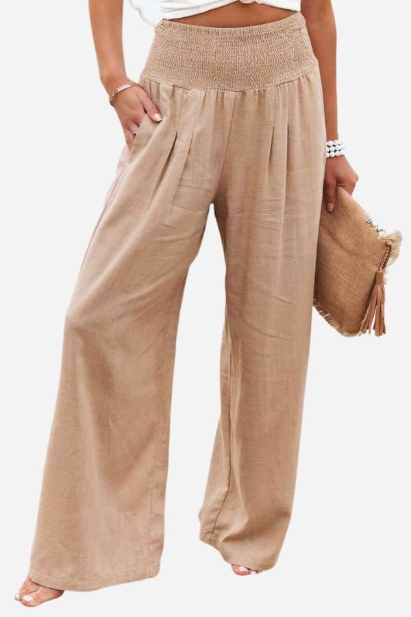 Linen Bukser Højtaljede Smock Talje Brede Ben - Khaki