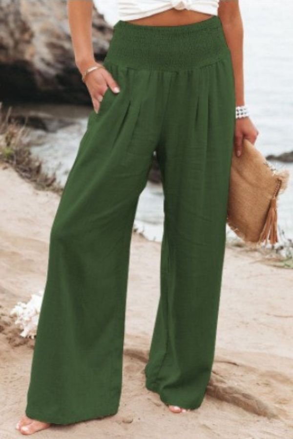 Linen Bukser Højtaljede Smock Talje Brede Ben - Army Green