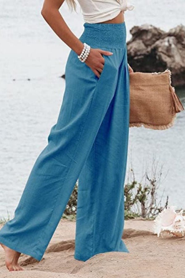 Linen Bukser Højtaljede Smock Talje Brede Ben - Peacock Blue