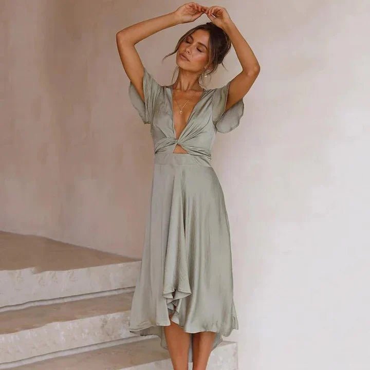 Luna Damer Satin Midi Kjole Dyb V-udskæring Butterfly Ærmer - Olive