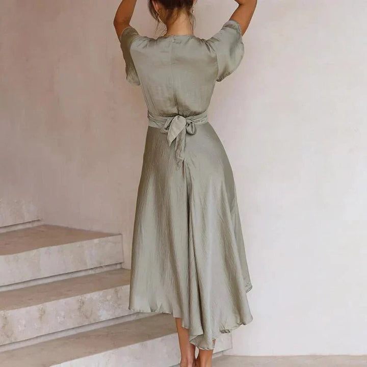 Luna Damer Satin Midi Kjole Dyb V-udskæring Butterfly Ærmer