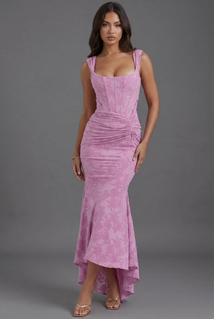 Maxi Korsage Kjole med Blomsterprint og Fishtail - Pink (4 Left)