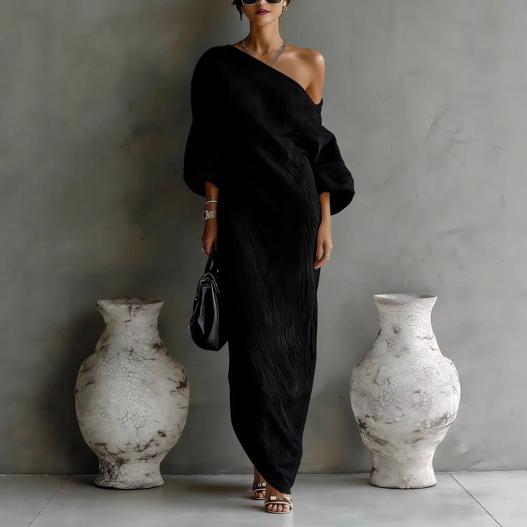 Maxikjole Asymmetrisk Hals Ballonærmer Linned - Black