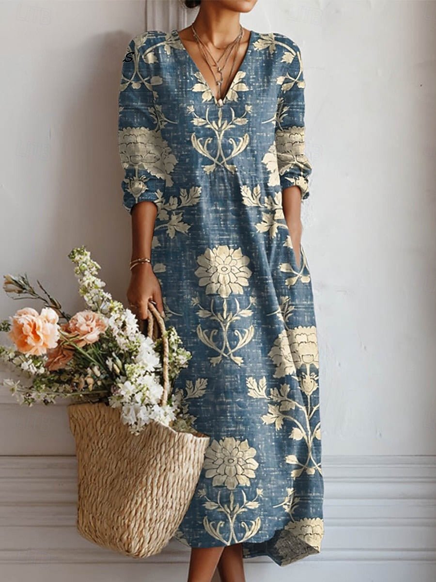 Midi Kjole Linned Blomsterprint V-hals Boho