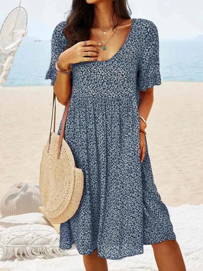 Mini Kjole Bomuldsblomster Flutter Ærmer Sommer - Navy