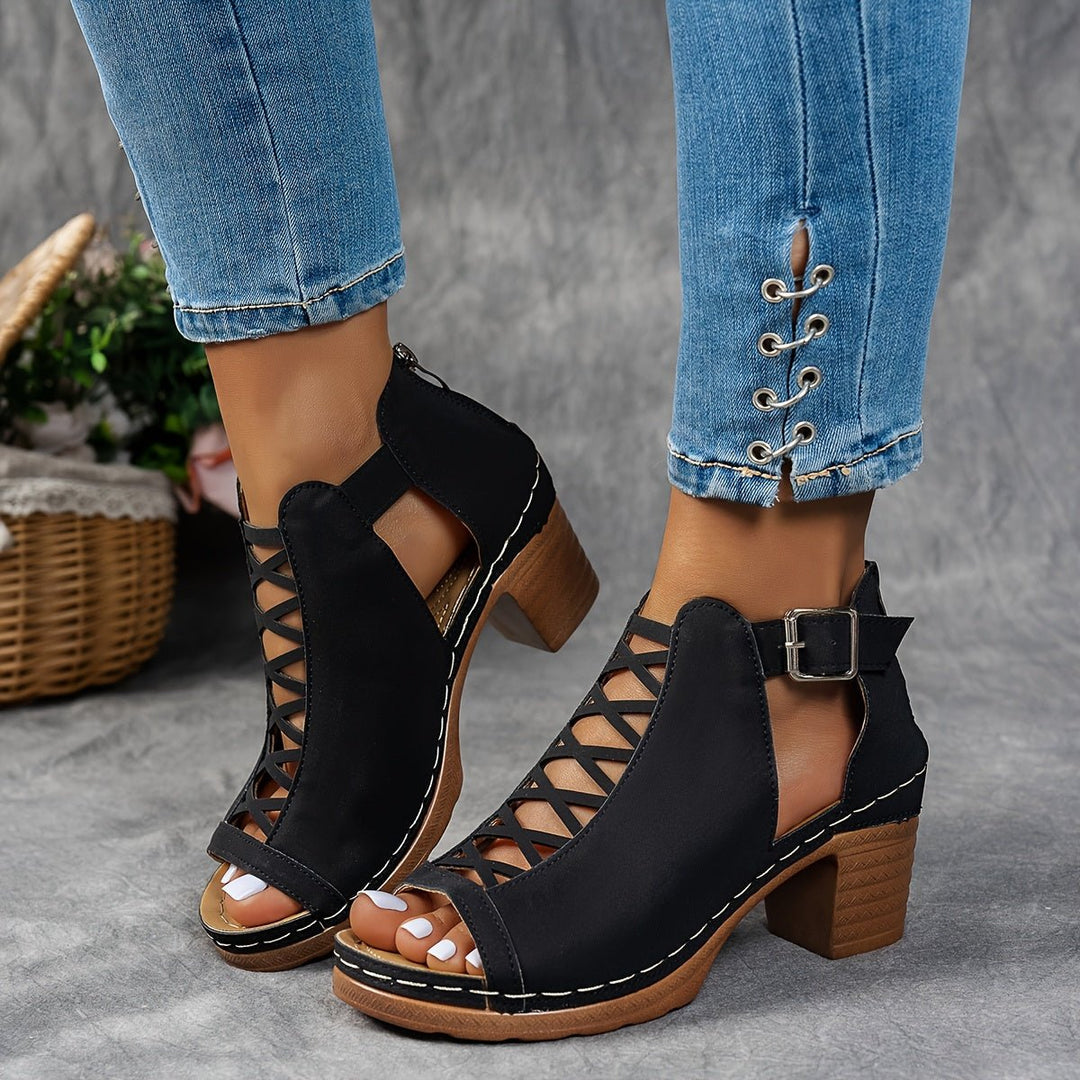 Ortopædiske Sandaler Lattice Design Blokhæl Spænde - Black