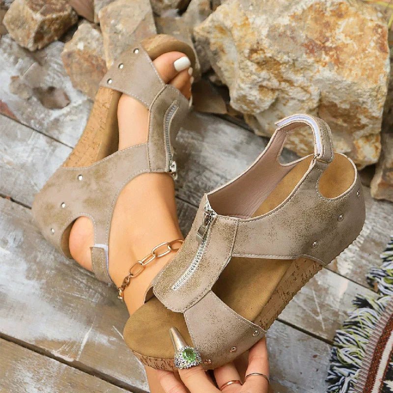 Ortopædiske Sandaler Wedge Lynlås Kork Sål Dame - Beige