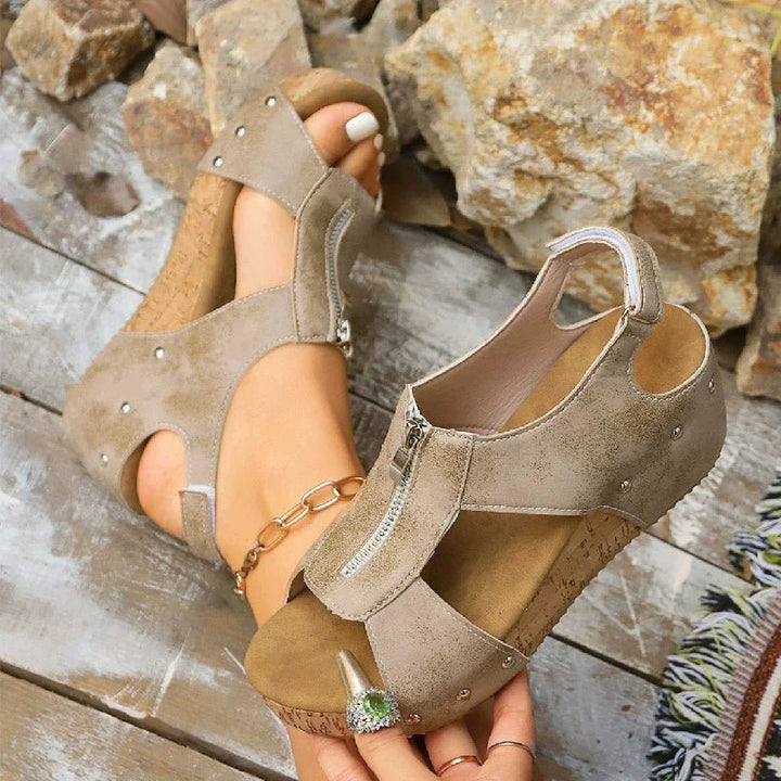 Ortopædiske Sandaler Wedge Lynlås Kork Sål Dame - Beige