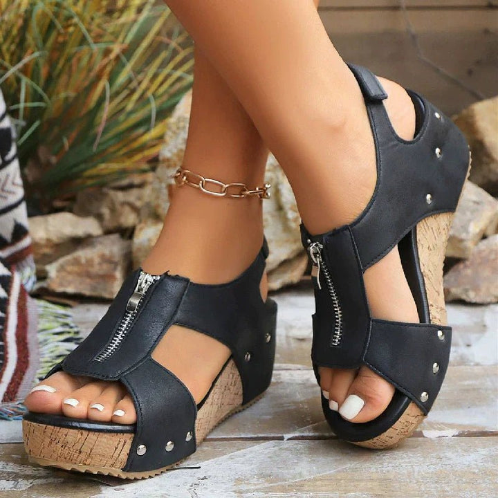 Ortopædiske Sandaler Wedge Lynlås Kork Sål Dame - Black