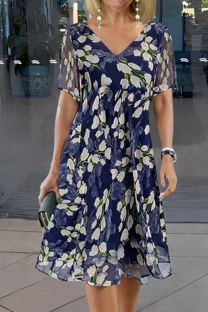 Plus Size Blomstret Kjole V-udskæring Tunika Stil - Navy Blue