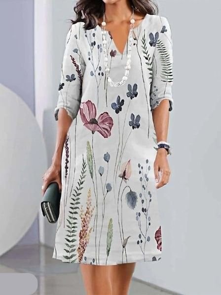 Plus Size Blomstret Kjole V-udskæring Tunika Stil - Off-white