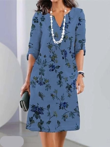 Plus Size Blomstret Kjole V-udskæring Tunika Stil - Blue