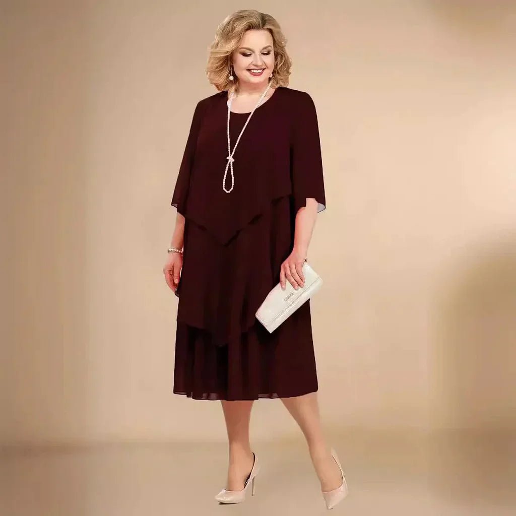 Plus Size Chiffon Kjole Sort Asymmetrisk Lag Elegant - Dark Red
