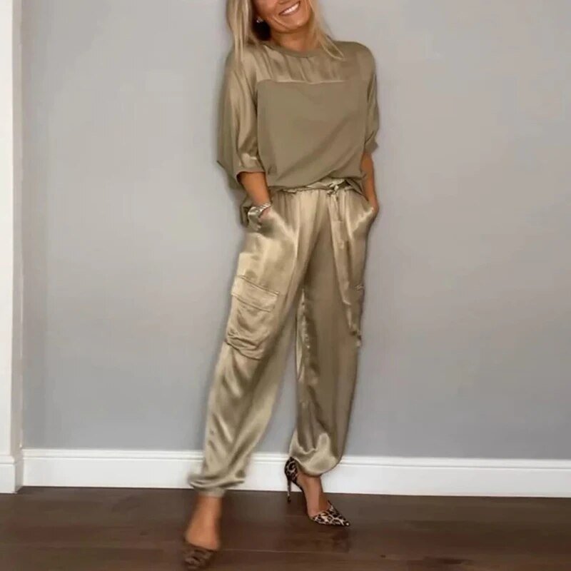 Plus Size Dameset Bukser Top Utility Lommer Løstsiddende - Gold