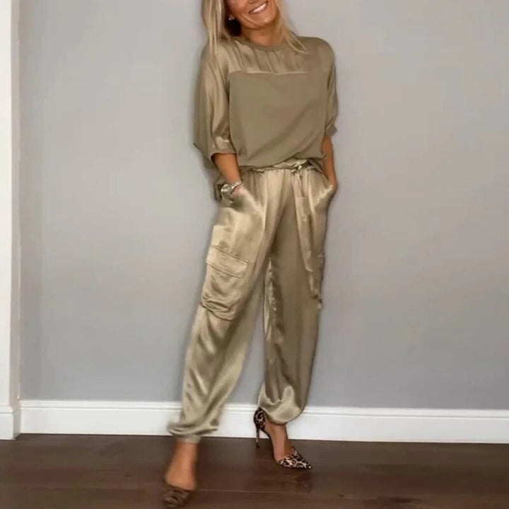 Plus Size Dameset Bukser Top Utility Lommer Løstsiddende - Gold
