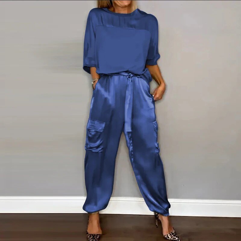 Plus Size Dameset Bukser Top Utility Lommer Løstsiddende - Blue