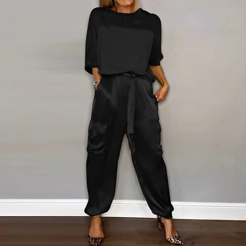 Plus Size Dameset Bukser Top Utility Lommer Løstsiddende - Black