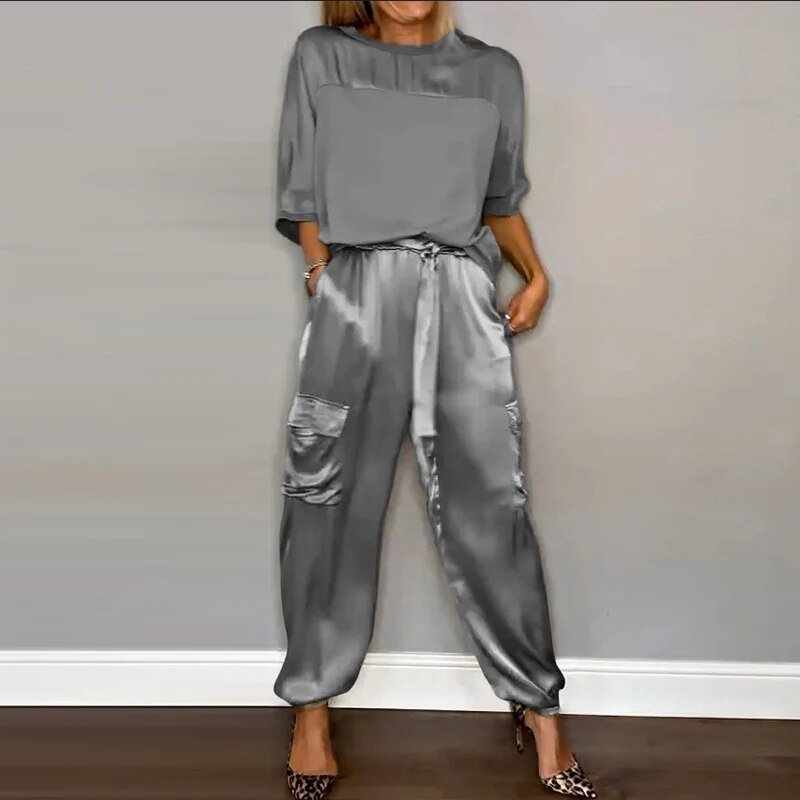 Plus Size Dameset Bukser Top Utility Lommer Løstsiddende - Grey