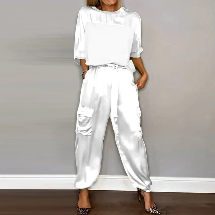 Plus Size Dameset Bukser Top Utility Lommer Løstsiddende - White