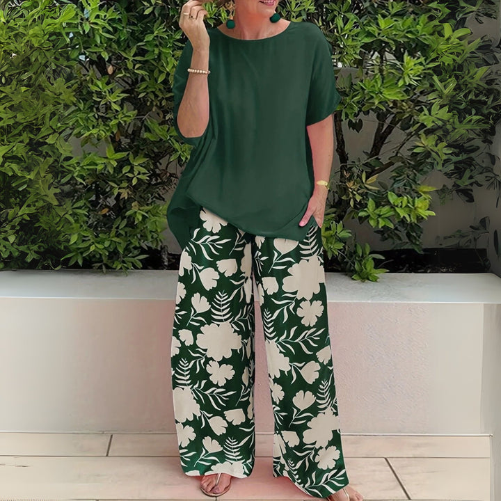 Plus Size Elegant Todelssæt Blomstermønster Bredbenet - Forest Green