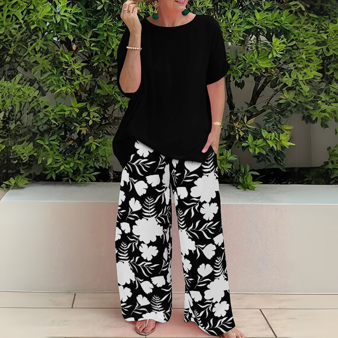 Plus Size Elegant Todelssæt Blomstermønster Bredbenet - Carbon Black