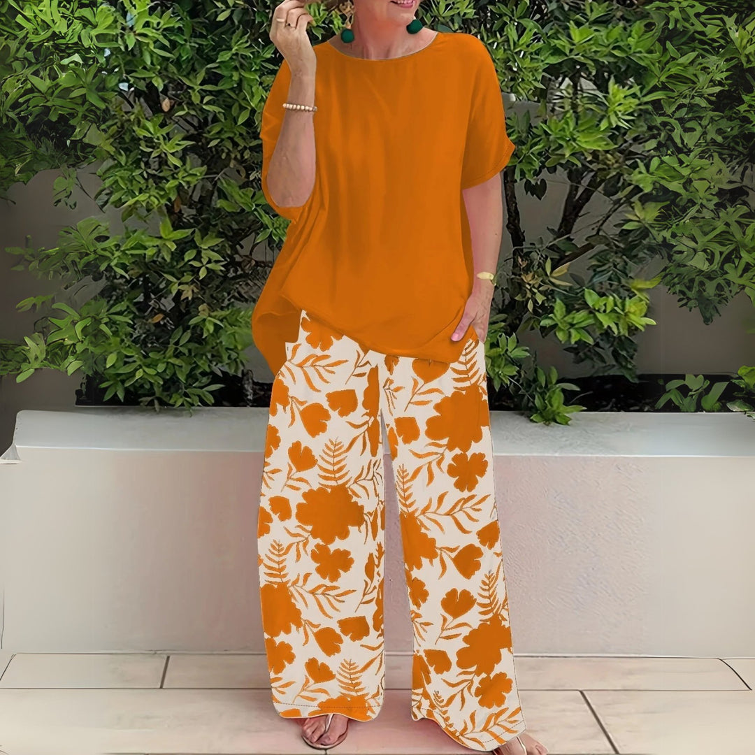 Plus Size Elegant Todelssæt Blomstermønster Bredbenet - Mandarin Orange