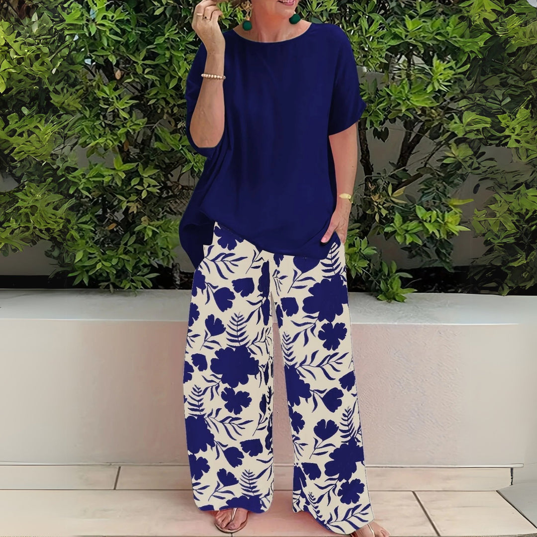 Plus Size Elegant Todelssæt Blomstermønster Bredbenet - Navy Blue