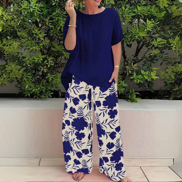 Plus Size Elegant Todelssæt Blomstermønster Bredbenet - Navy Blue