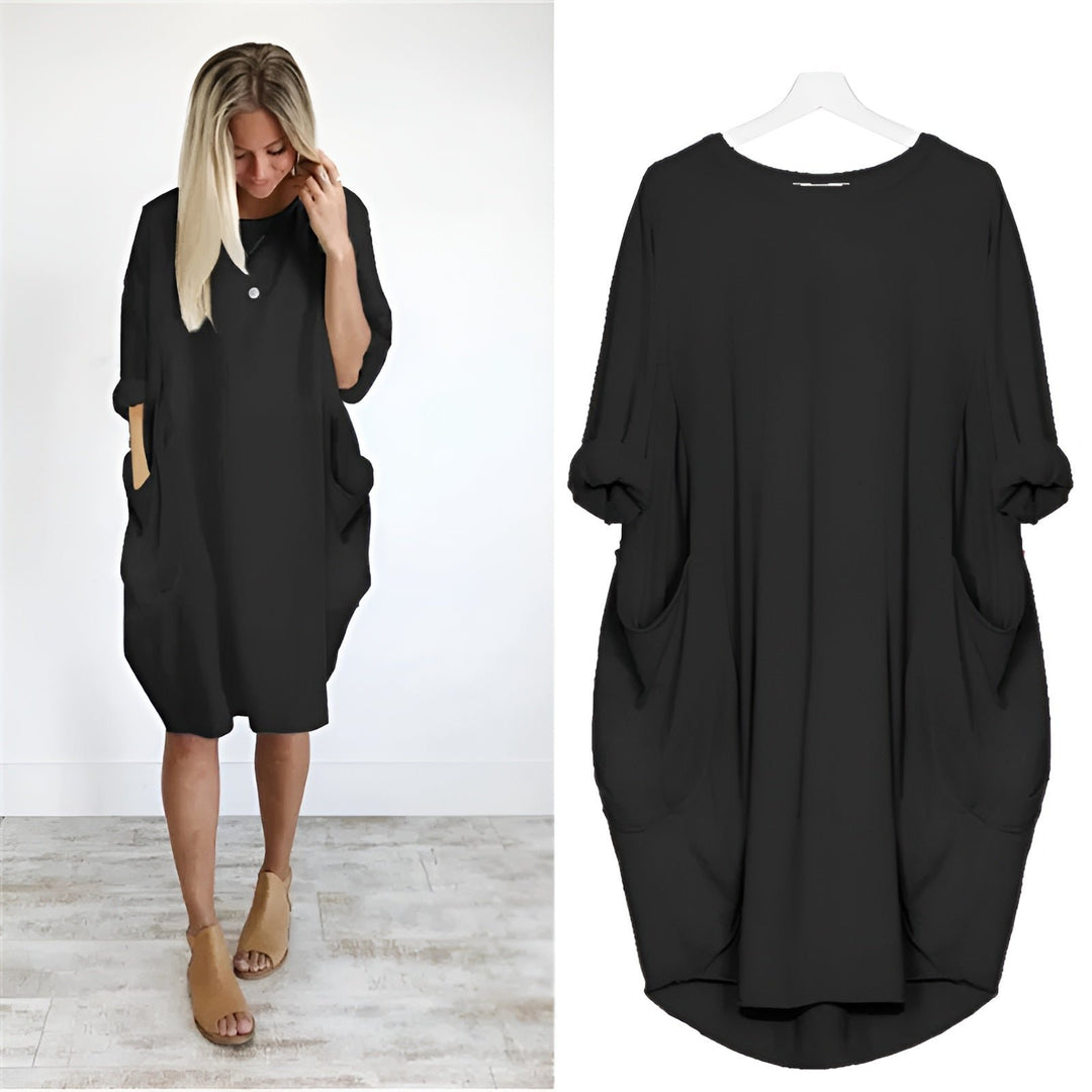 Plus Size Kjole med Lommer Løs Pasform Elegant Stil - Black
