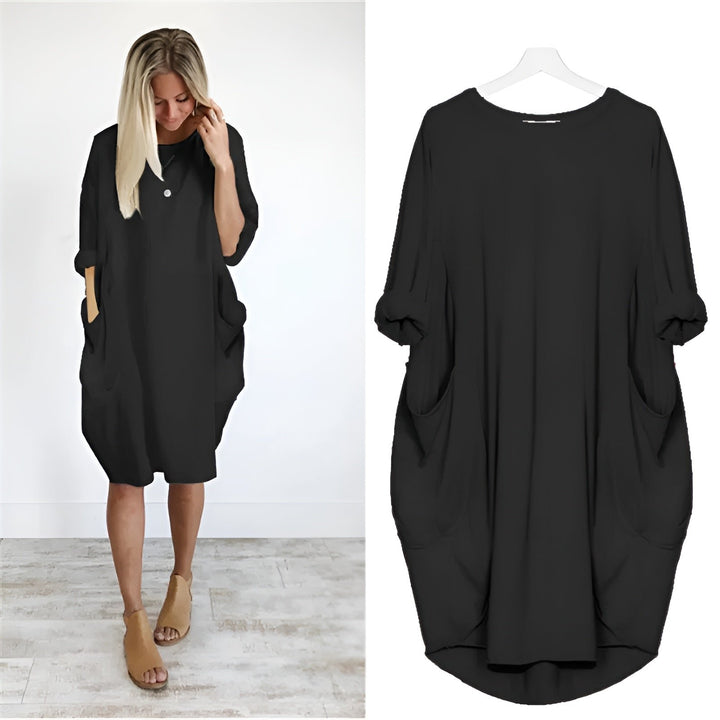 Plus Size Kjole med Lommer Løs Pasform Elegant Stil - Black